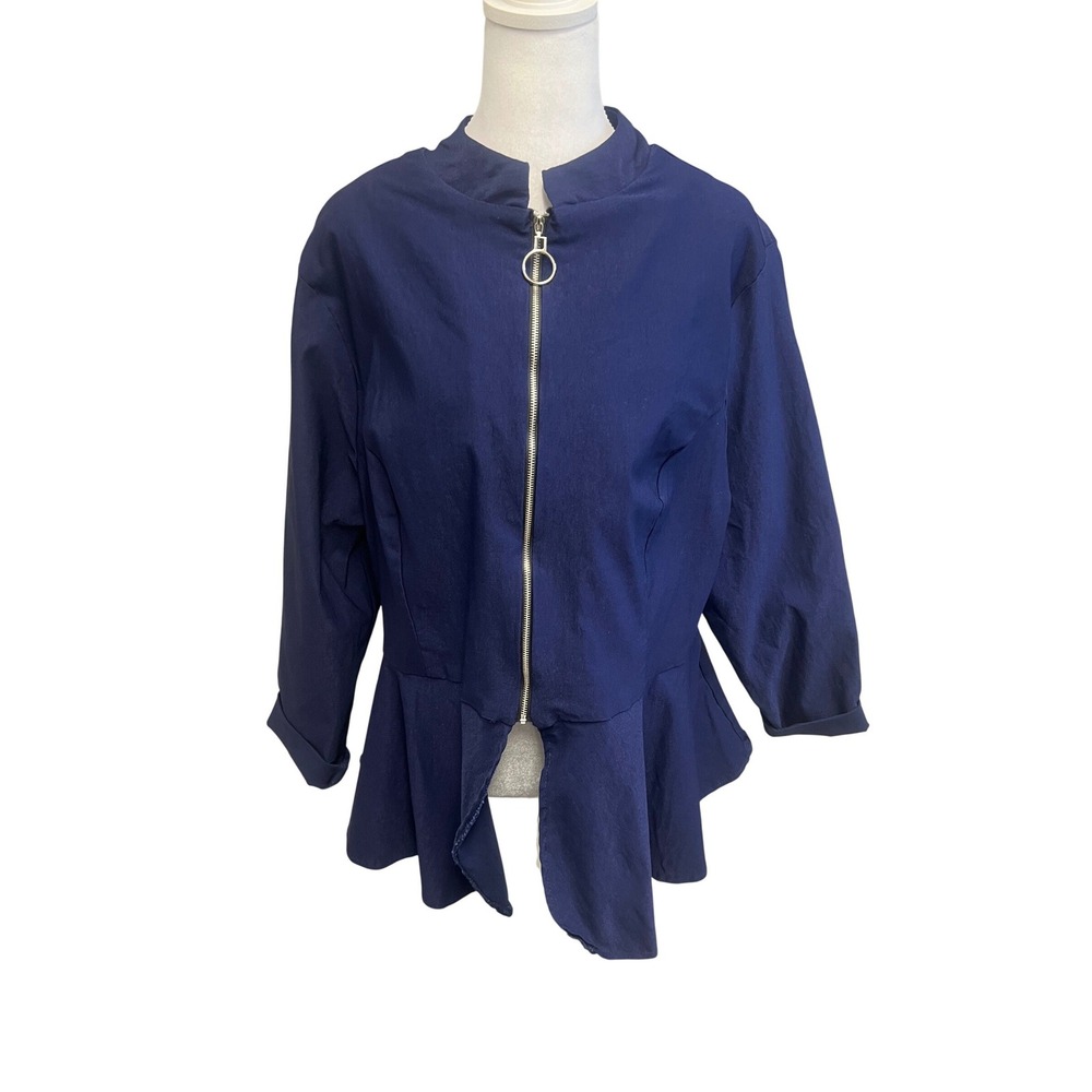 Hybrid & Company Peplum Jacket Zip Front Navy Blue Sz L Office Professional Chic